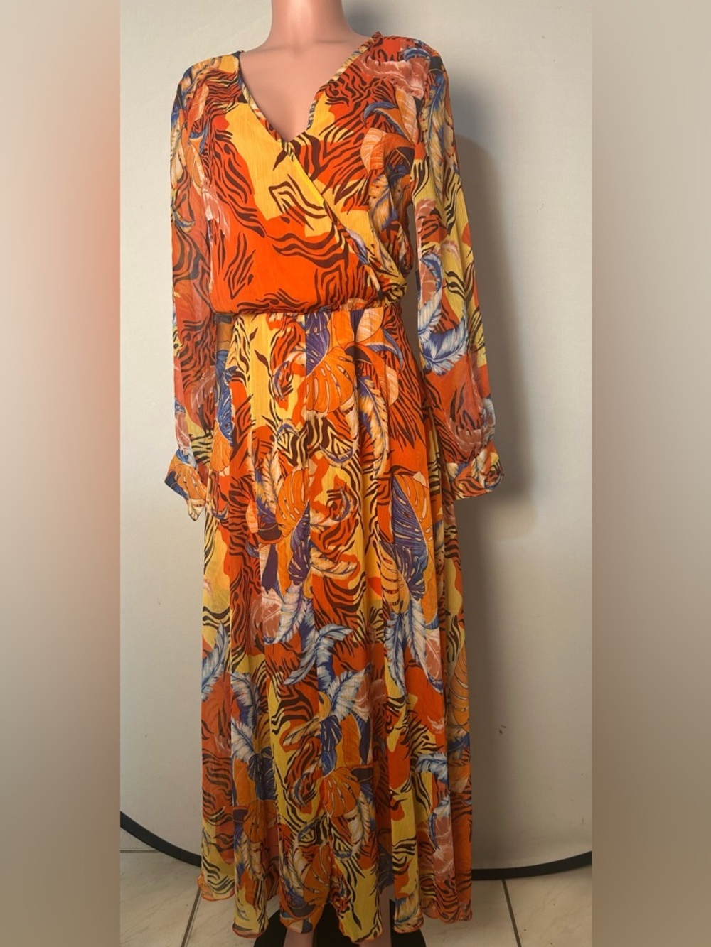 Spy Zone Exchange Multicolor Floral Chiffon Maxi Dress Long Sleeve Size Large